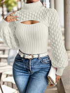 Women’s High-Neck Ribbed Knit Top – Lantern Sleeve Cropped Sweater