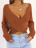Women’s Sexy V-Neck Knit Sweater – Cross-Front Winter Pullover