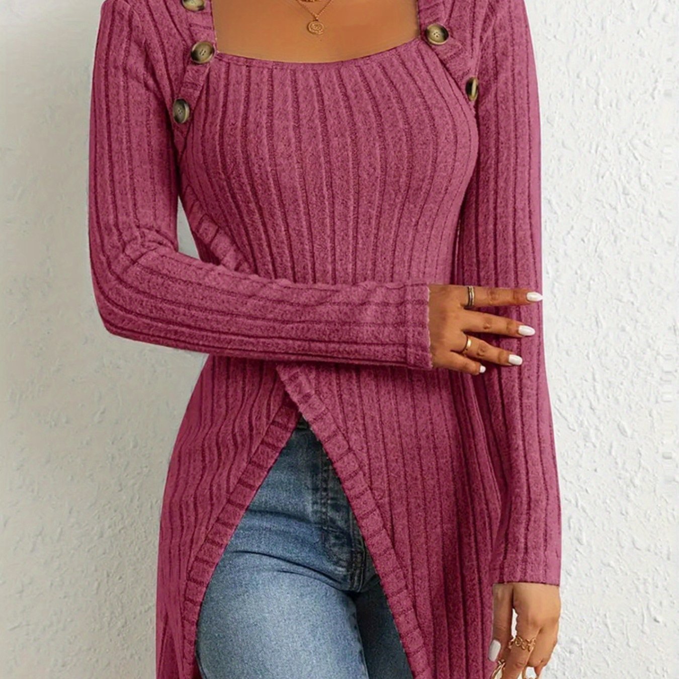 Women’s Elegant Square-Neck Top – Asymmetrical Hem Long Sleeve Blouse