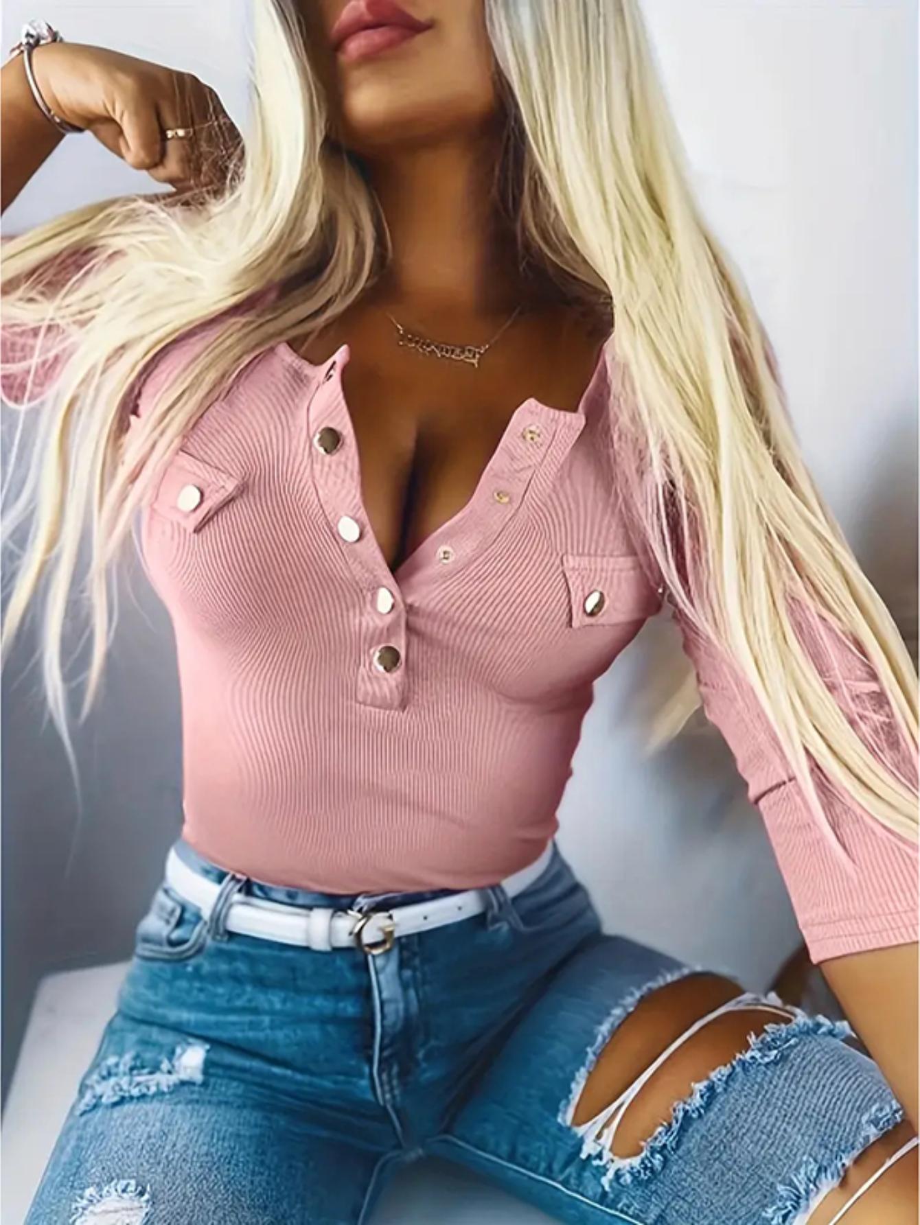 Women’s Elegant Ribbed Knit Tunic Top – Button Detail Long Sleeve Blouse