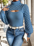 Women’s High-Neck Ribbed Knit Top – Lantern Sleeve Cropped Sweater
