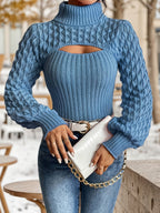 Women’s High-Neck Ribbed Knit Top – Lantern Sleeve Cropped Sweater