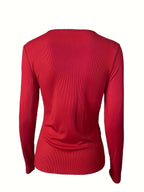 Women’s Elegant V-Neck Long Sleeve Top – High-Stretch Knit with Chain Detail