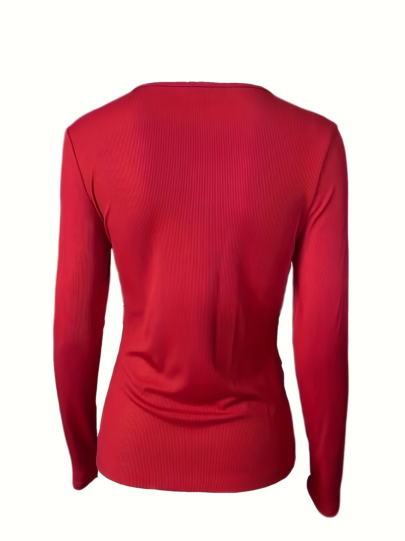 Women’s Elegant V-Neck Long Sleeve Top – High-Stretch Knit with Chain Detail