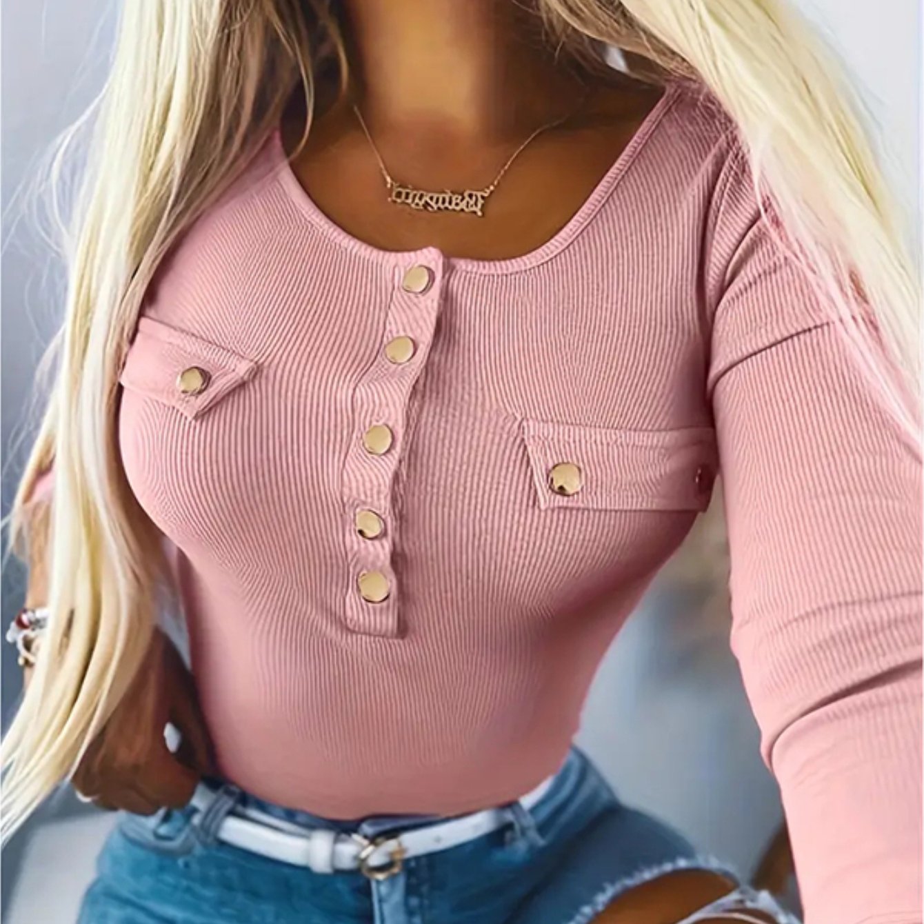 Women’s Elegant Ribbed Knit Tunic Top – Button Detail Long Sleeve Blouse