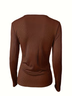 Women’s Elegant V-Neck Long Sleeve Top – High-Stretch Knit with Chain Detail