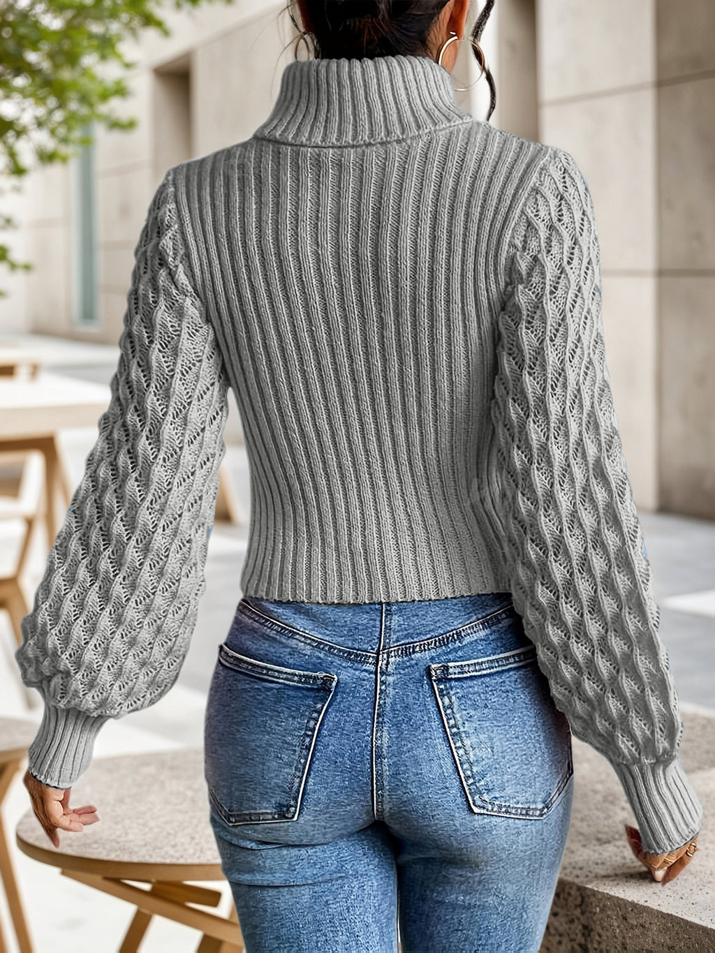 Women’s High-Neck Ribbed Knit Top – Lantern Sleeve Cropped Sweater