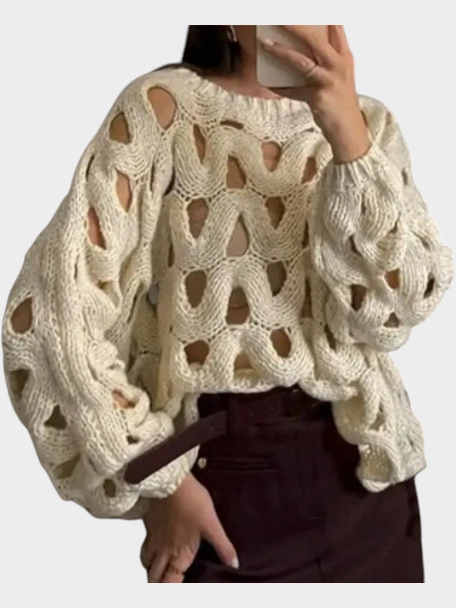 Women’s Hollow-Out Lantern Sleeve Blouse – High Street Loose-Fit Pullover Top