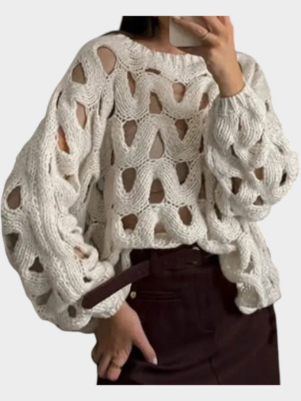 Women’s Hollow-Out Lantern Sleeve Blouse – High Street Loose-Fit Pullover Top