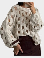 Women’s Hollow-Out Lantern Sleeve Blouse – High Street Loose-Fit Pullover Top