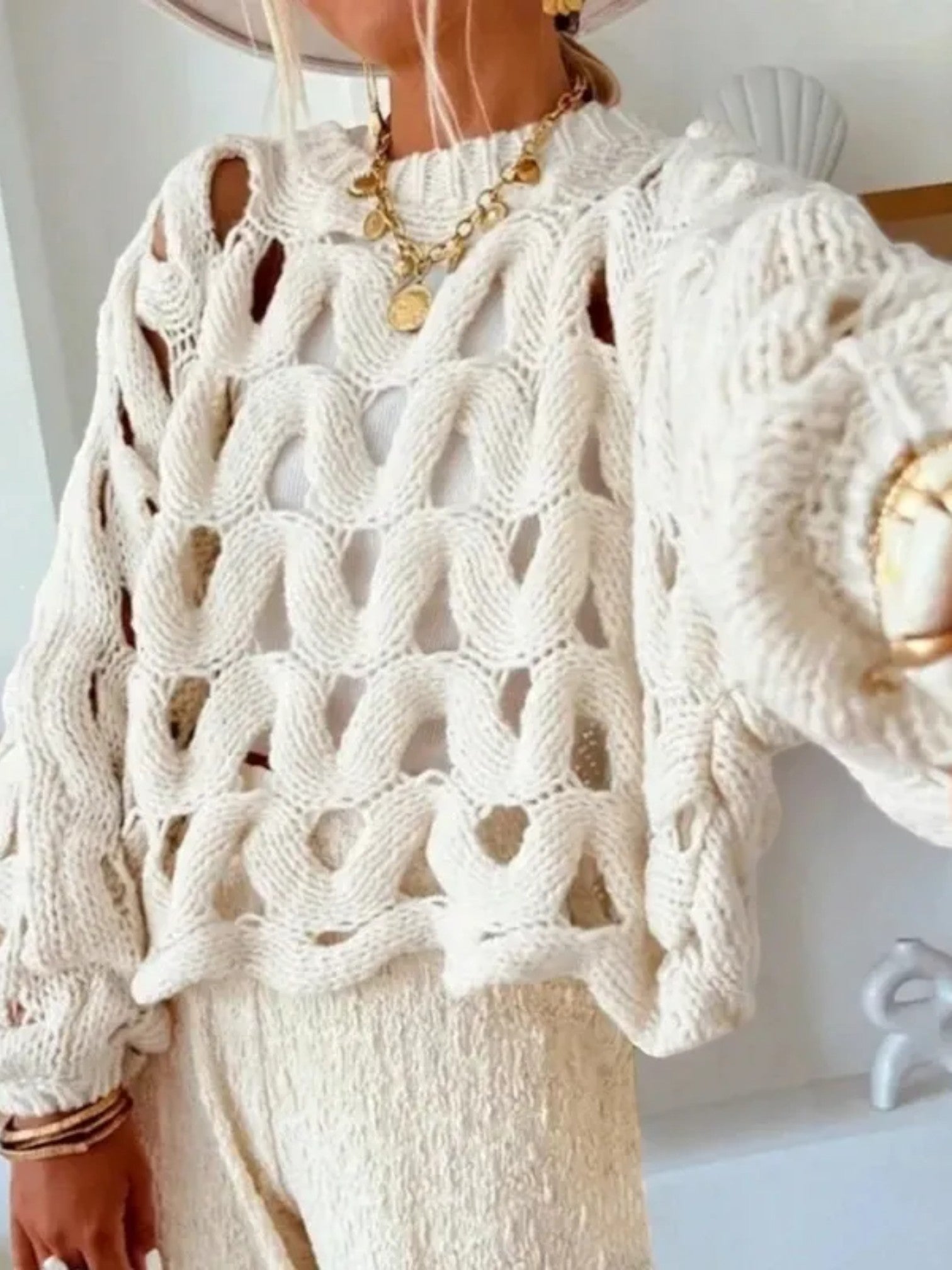Women’s Hollow-Out Lantern Sleeve Blouse – High Street Loose-Fit Pullover Top