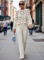 Women’s Hollow-Out Lantern Sleeve Blouse – High Street Loose-Fit Pullover Top