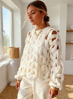 Women’s Hollow-Out Lantern Sleeve Blouse – High Street Loose-Fit Pullover Top