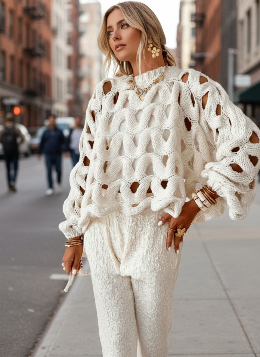 Women’s Hollow-Out Lantern Sleeve Blouse – High Street Loose-Fit Pullover Top