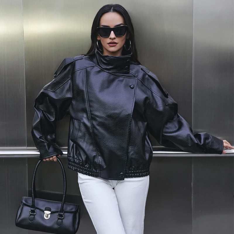 Women’s Faux Leather Streetwear Jacket – Zip-Up Autumn/Winter Outerwear