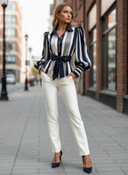 Women's Striped Belted Office Shirt – Long Sleeve Button-Up Blouse with Puff Sleeves
