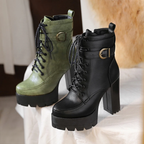 Women’s Platform Motorcycle Ankle Boots – Cross-Tied Square Heel